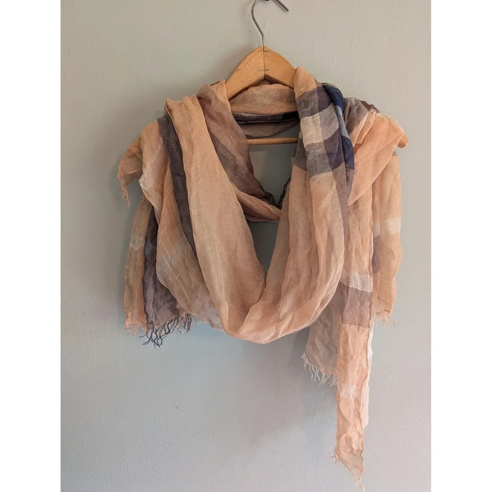 Naturally Knotty Silk Modal Blend Plaid Scarf Wrap Tan Brown Frayed Fringe 44x80